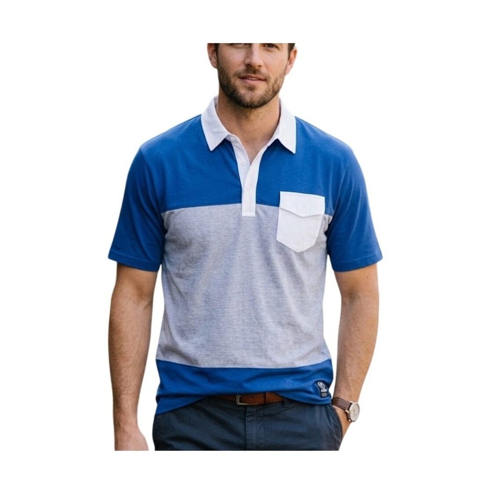18 Greens All Day Polo Shirt Belize Blue White Stripe Knit Golf Short Sleeves XL